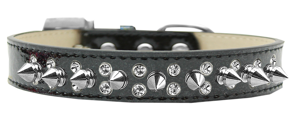 Double Crystal and Silver Spikes Dog Collar Black Ice Cream Size 20